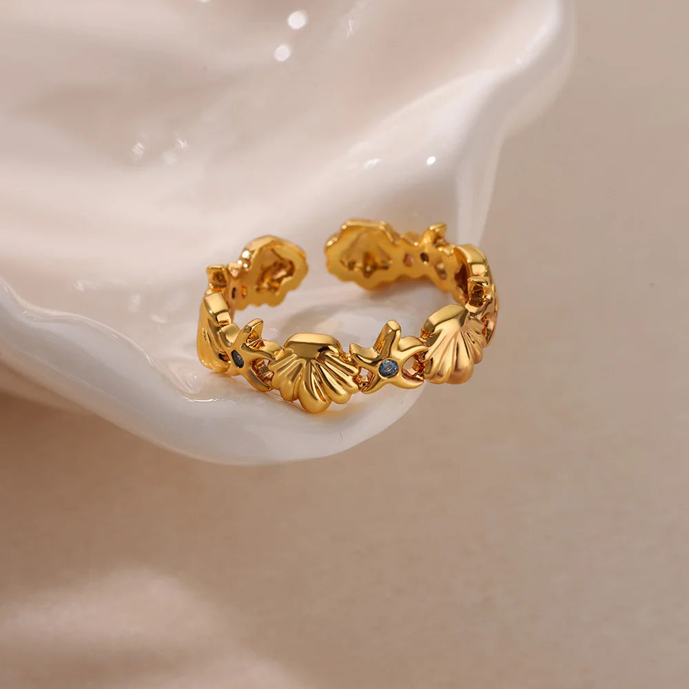 Ocean Starfish Shell Open Rings For Women Gold Color Stainless Steel Ring Summer Beach Aesthetic Waterproof Jewelry Gift