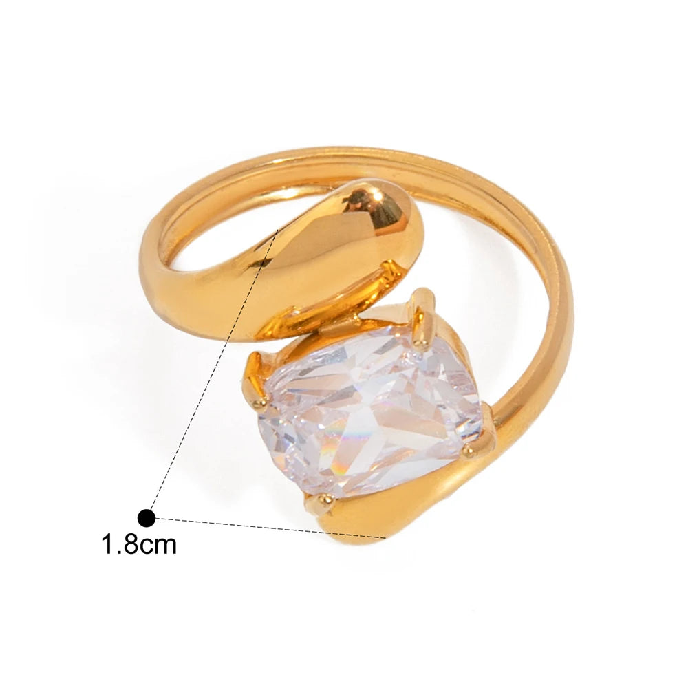 Stainless Steel Water Drop Shaped Large Zircon Rings 18K Gold Plated Opening Ring Women Waterproof Statement Jewelry