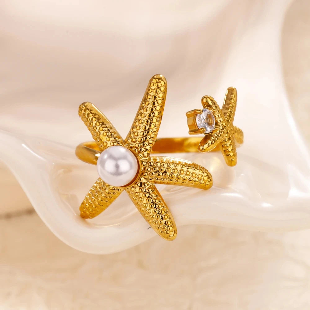Ocean Starfish Shell Open Rings For Women Gold Color Stainless Steel Ring Summer Beach Aesthetic Waterproof Jewelry Gift