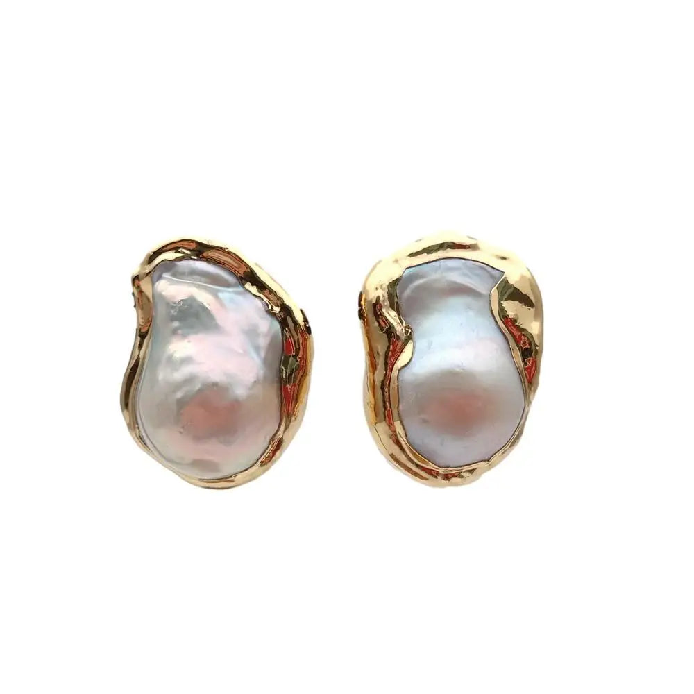 KKGEM 21x28mm Natural Cultured White Keshi Baroque Pearl Gold Plated Stud Earrings