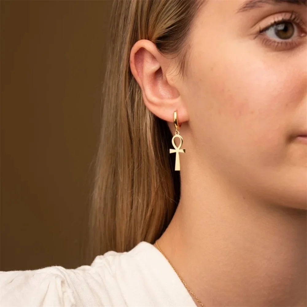 Retro Gold Color Egyptian Ankh Drop Earring Vintage Cross Women Dangle Earrings Stainless Steel Femme Punk Jewelry Gifts