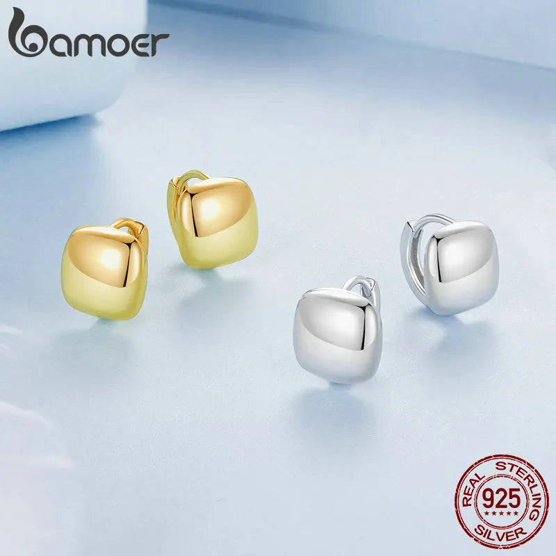 BAMOER 925 Sterling Silver Dainty Chunky Square Hoop Earrings for Women, White Gold Plated Hypoallergenic Lightweight Jewelry