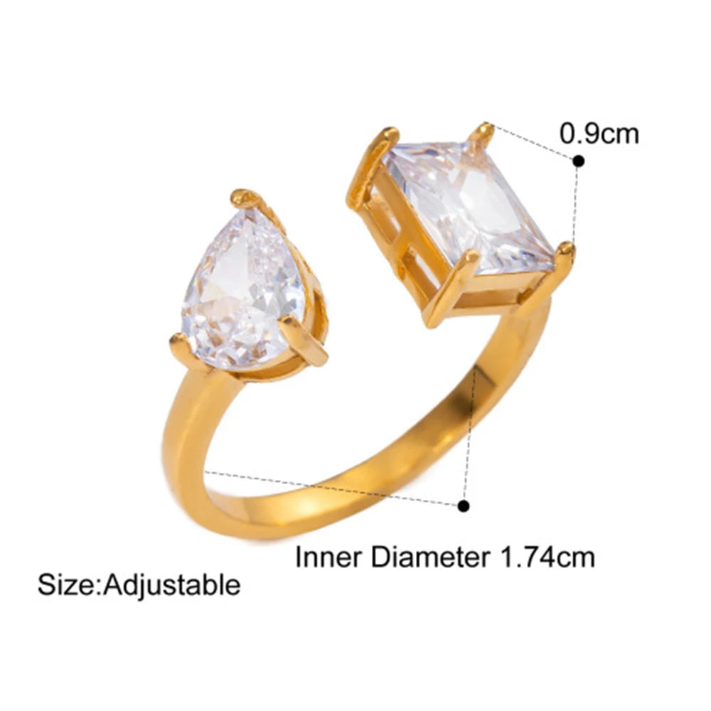 Stainless Steel Water Drop Shaped Large Zircon Rings 18K Gold Plated Opening Ring Women Waterproof Statement Jewelry