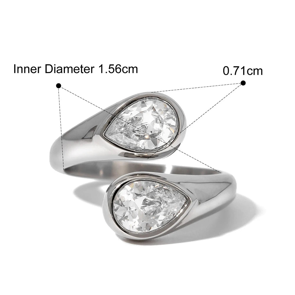 Stainless Steel Water Drop Shaped Large Zircon Rings 18K Gold Plated Opening Ring Women Waterproof Statement Jewelry