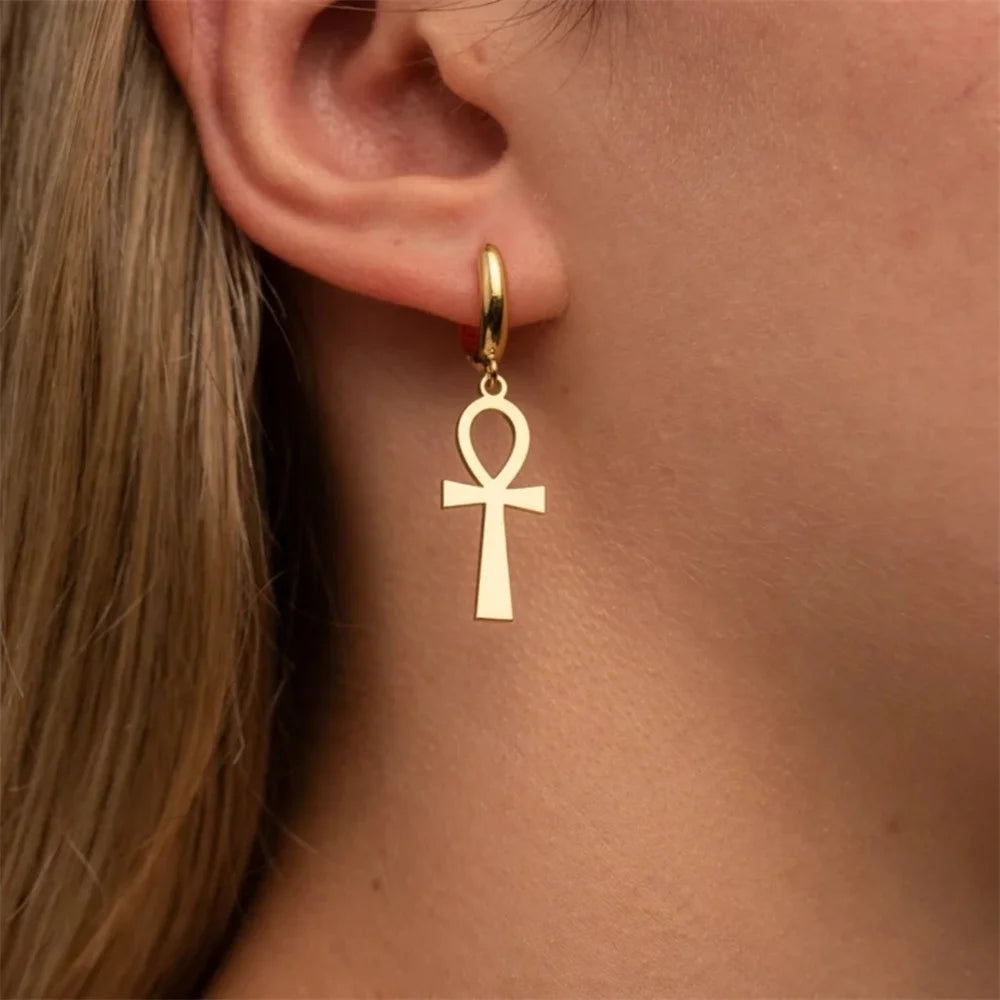 Retro Gold Color Egyptian Ankh Drop Earring Vintage Cross Women Dangle Earrings Stainless Steel Femme Punk Jewelry Gifts